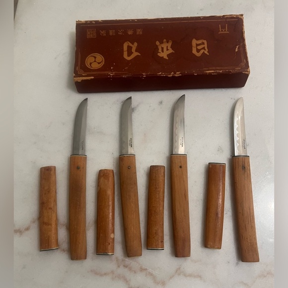 Vintage Kanenari Seki Knives with Bamboo Sheath Mid Century Japanese Unique Rare - Picture 6 of 13